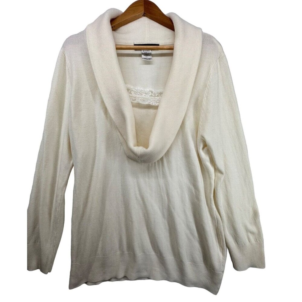 Denim 24/7 Womens Sweater Sz L Ivory Cowl Neck Lace Trim SoftAF Neutral Casual